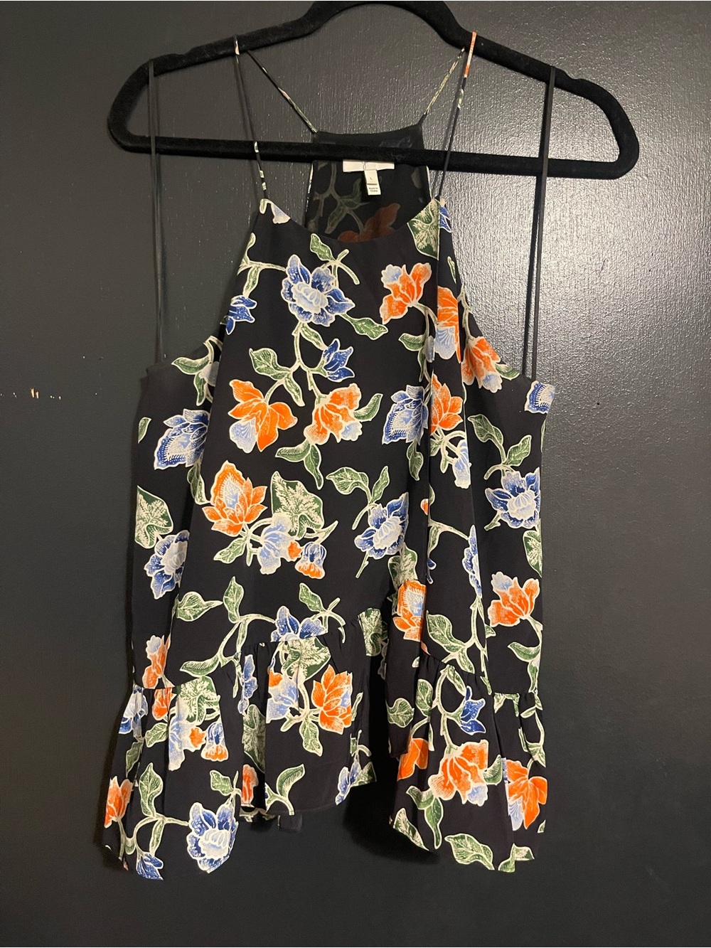 Joie Black Floral Spaghetti-Strap Tank Top with Orange & Blue Flowers